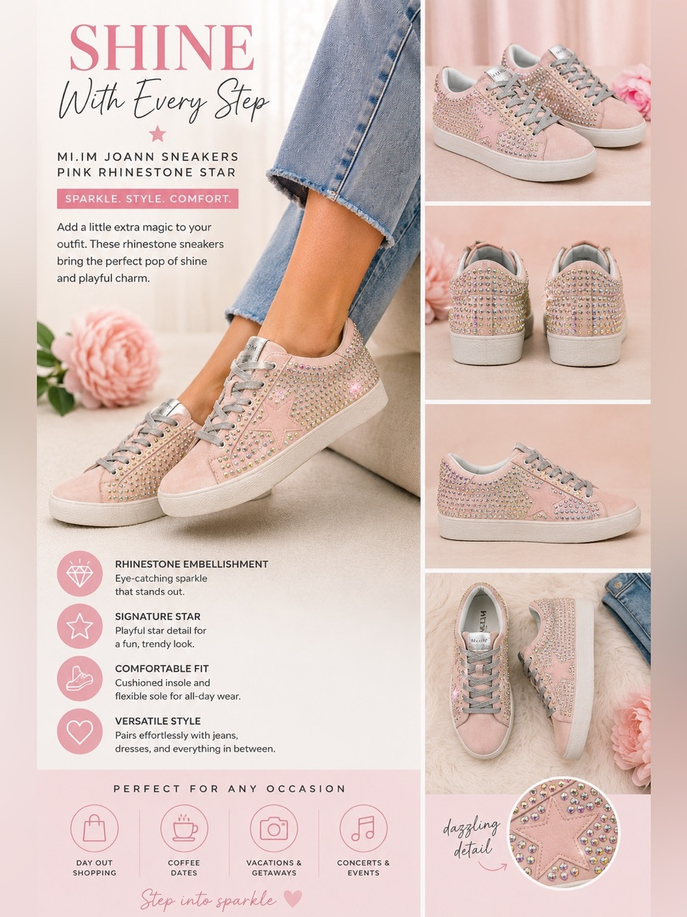Mi.iM Joann Rubber Sole Lace Up Rhinestone Star Sneaker in Pink Size 8.5